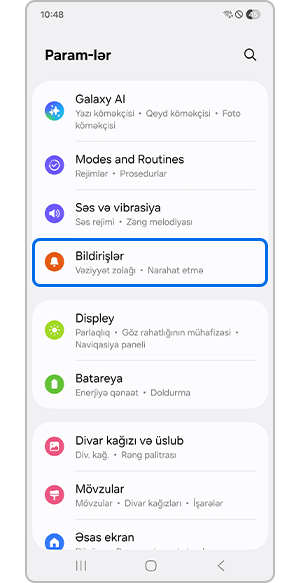Bildirişlər menyusunun seçilməsi