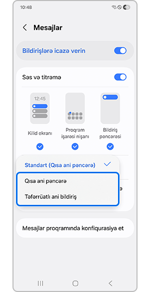 Qısa ani pəncərə və ya Tam peyda olan pəncərə seçimlərindən birinə toxunmaq