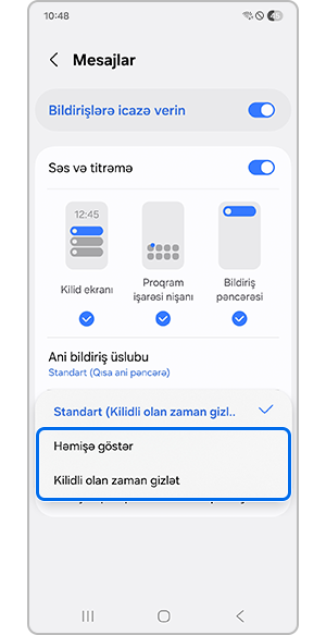 Həmişə göstər və ya Kilidli olduqda gizlət seçimlərindən birinin üzərinə toxunmaq