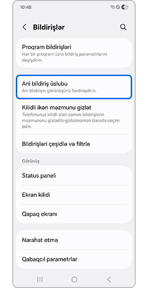 Bildiriş üçün ani pəncərə üslubunun seçilməsi