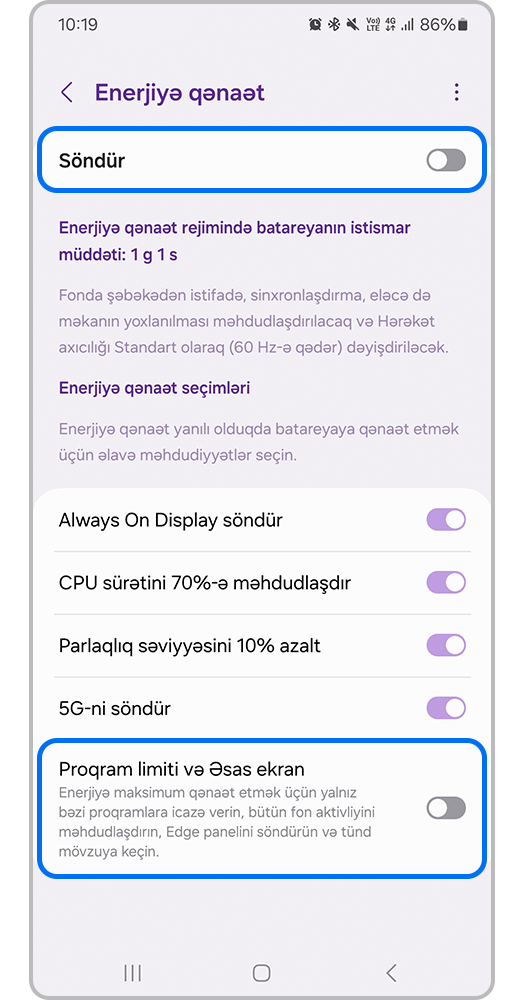 Enerjiyə qənaət rejimini söndürün