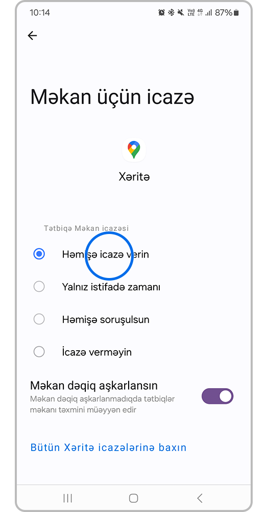 GPS məlumatlarına daxil olmaq üçün istədiyiniz qətnamə seçimini seçin.