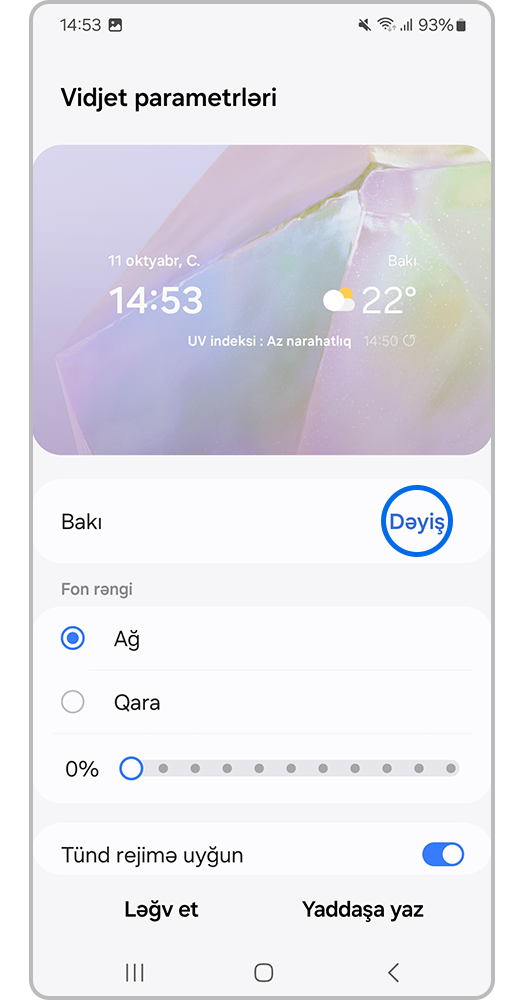 Smartfon ekranı, vidjet parametrləri və Yer dəyişikliyi