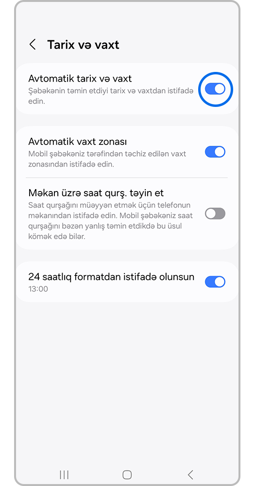 Vaxtın avtomatik müəyyən olunmasının söndürülməsi