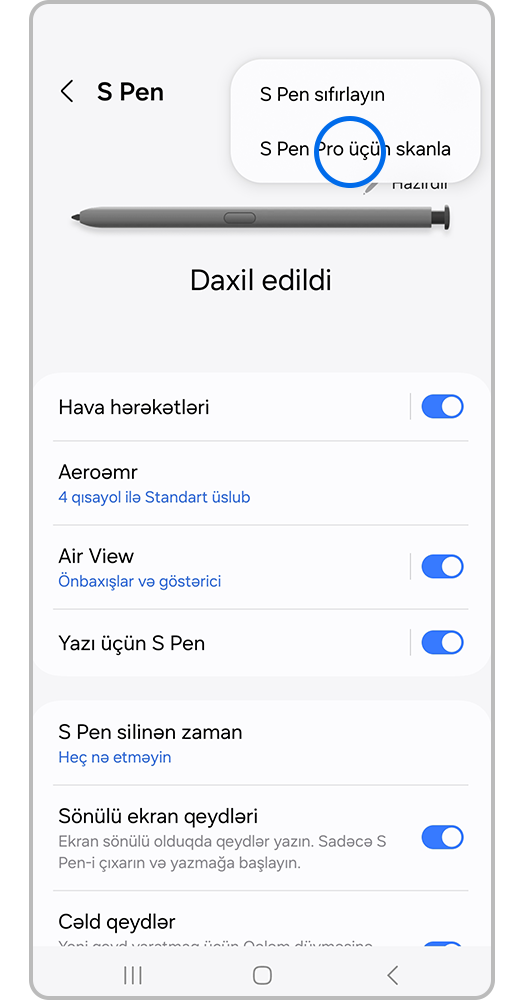 S Pen tənzimləmələrini sıfırlamaq-un üzərinə basın