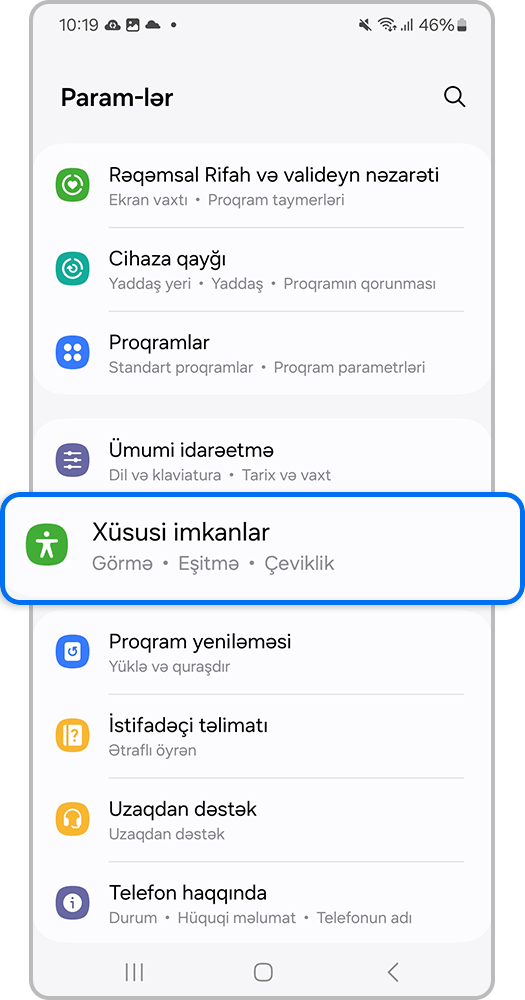 Smartfon ekranı, Tənzimləmələri açın və Xüsusi imkanlar əlavəsinə keçin.