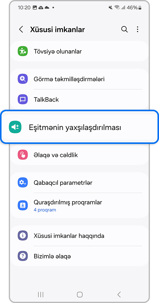Smartfon ekranı, Eşidilmə dərəcəsinin artırılması bəndini seçin.