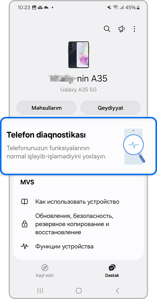 Smartfon ekranı, Telefon diaqnostikası əlavəsini seçin.