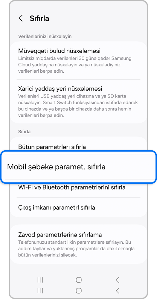 Smartfon ekranı, Şəbəkə parametrlərinin sıfırlanması bölməsinə keçin.