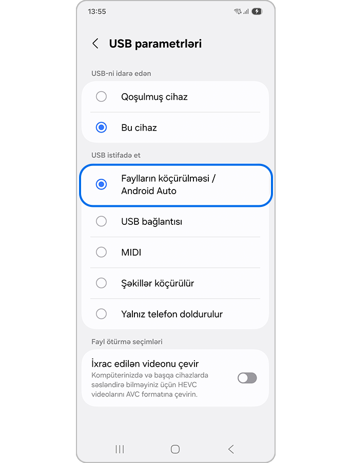 Faylların ötürülməsini seçmək