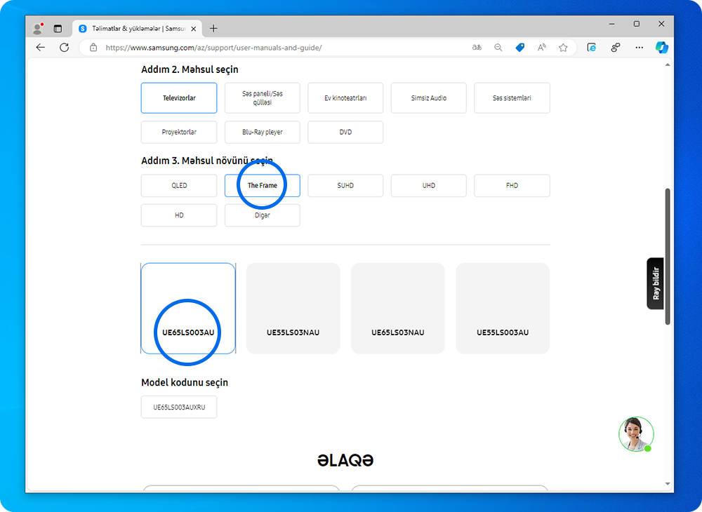 Televizorun növünü və modelini seçin