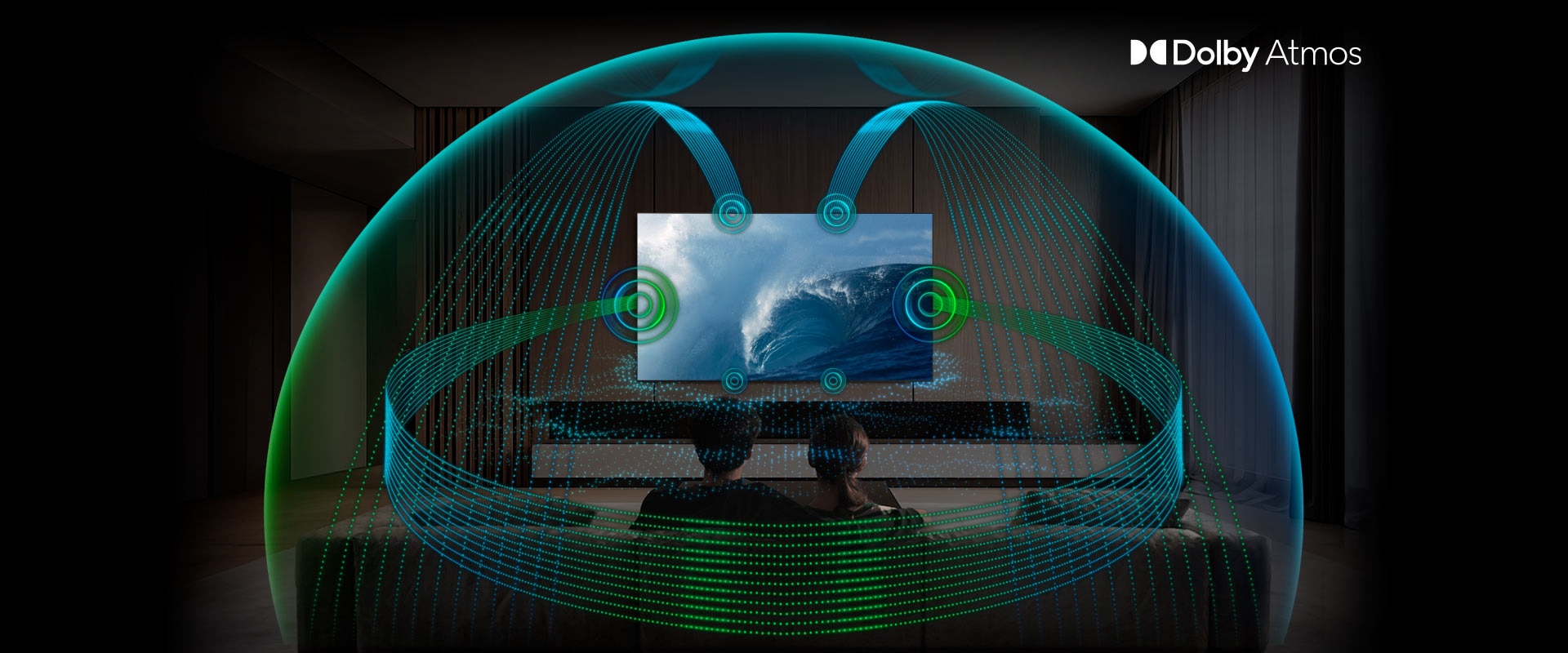 Dolby Atmos səsi izləyiciləri dinamik atmosferə qərq edərək, televizorun yuxarı, yan və aşağı dinamiklərindən yayılır.