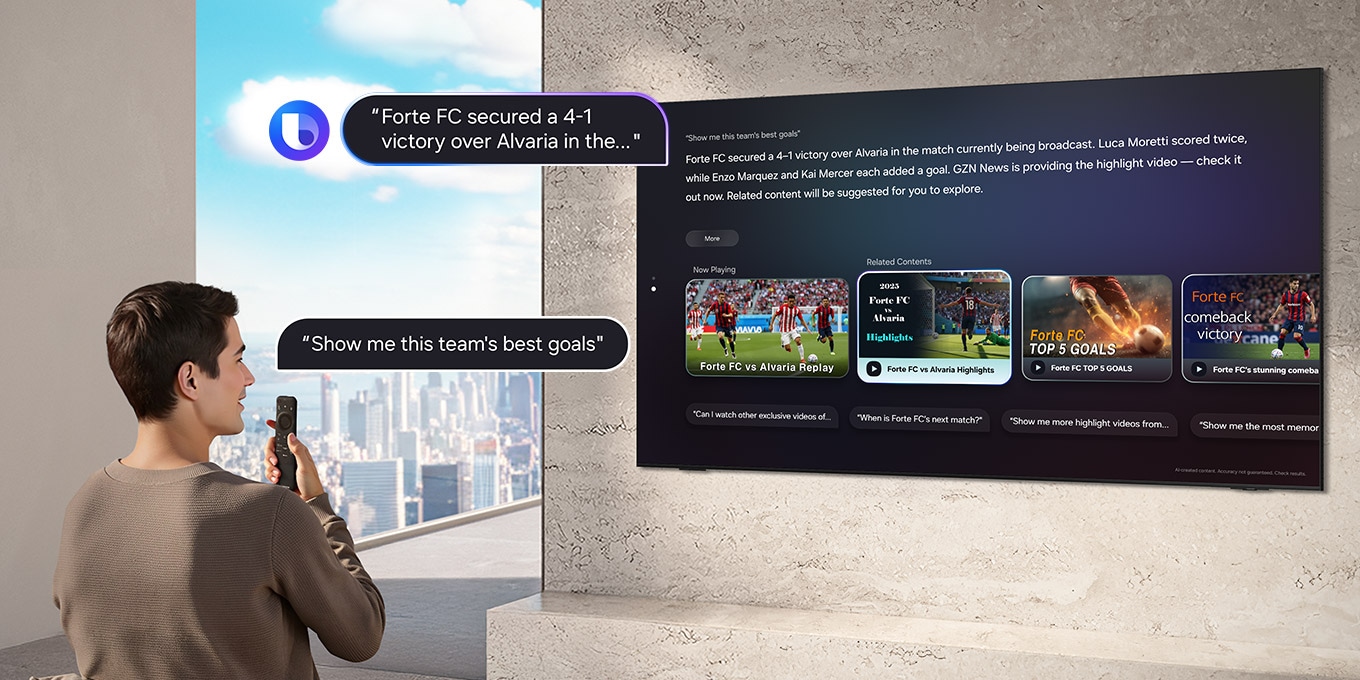 Qonaq otağında əyləşmiş kişi TV pultuna əmr verir: "Bixby, mənə bu komandanın vurduğu ən yaxşı qolları göstər." Bixby, Bixby loqosuyla böyük Samsung televizorda cavab göstərir: "Forte FC, Alvaria ilə oyunda 4-1 qələbə qazandı… " və ətraflı məlumatları ekranda təqdim edir
