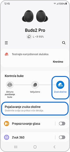 Zaslon pametnog telefona s ikonom Ambijentalni zvuk i odabranom opcijom Pojačavanje zvuka okoline