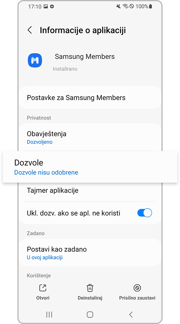 Odaberite dopuštenja aplikacije