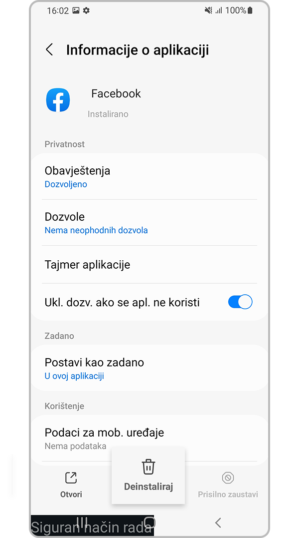 Deinstalirajte aplikaciju