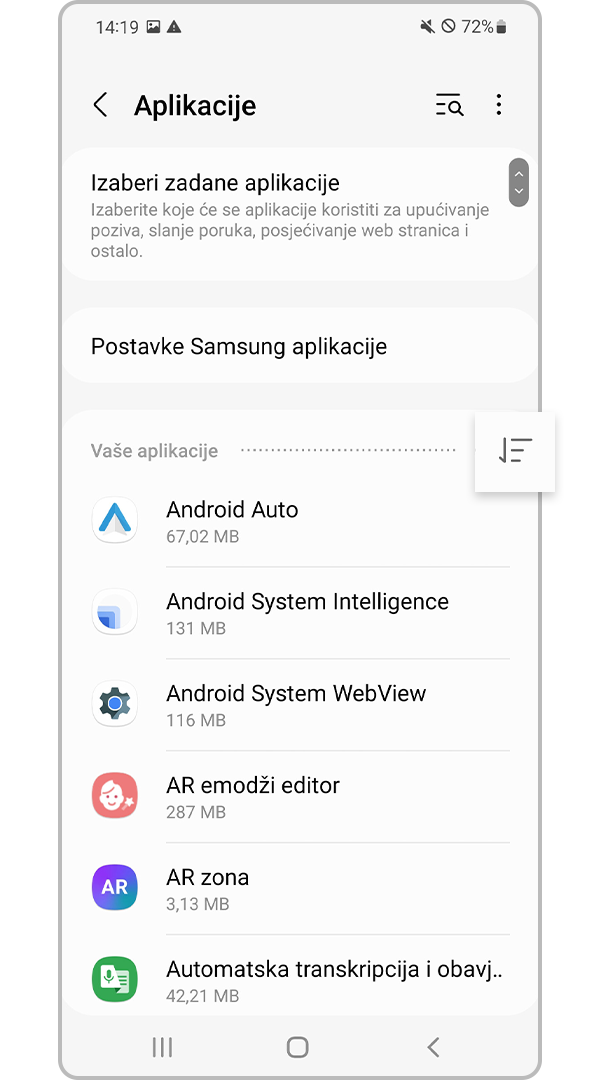 Ikona filtriranja i razvrstavanja aplikacija