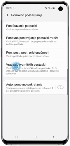 Dodirnite Vraćanje tvorničkih postavki