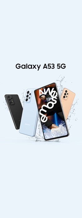Four Galaxy A53 5G devices are shown with three of them showing the backside to display the Awesome Black, Awesome Blue and Awesome Peach colorways and a single front-facing Galaxy A53 5G shows a vivid picture of a man who is wrapped in white text reading Awesome.
