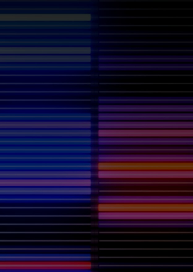 There are neon-colored square bars stacked up in 6 columns.