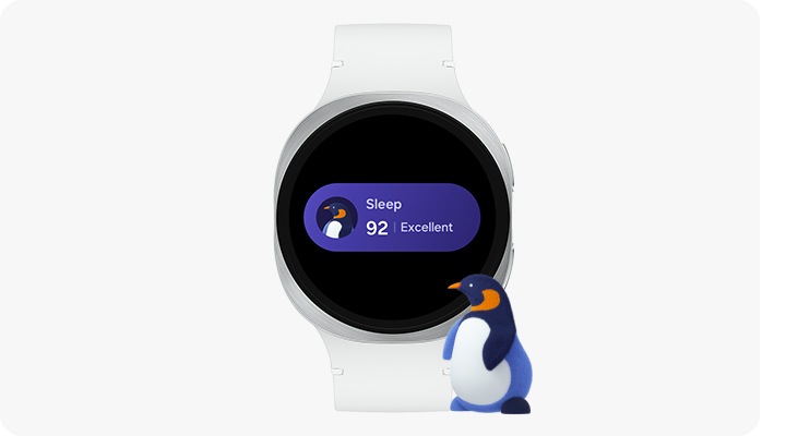 Front view of Galaxy Watch8 with Sleep feature notification onscreen. Sleep animal penguin icon is on the left. Text Sleep, number 92 and text Excellent. The same penguin is on the right side of Galaxy Watch8.