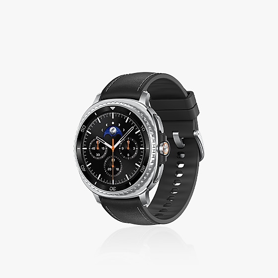 Galaxy Watch8 Classic attached to a Black Hybrid Band, buckled and forming a closed loop. The watch face is angled slightly to the left, offering a view of both the watch face and the Hybrid Band.