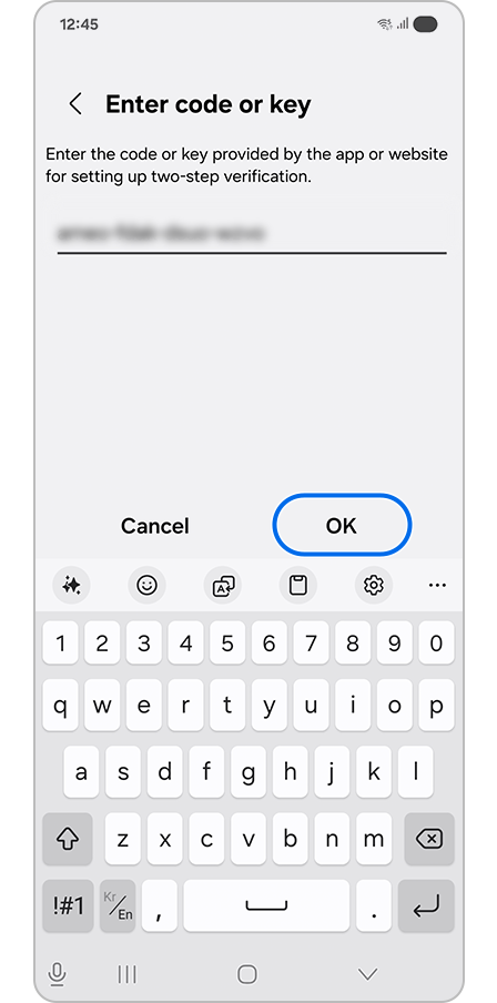 Entering the OTP key code and selecting OK