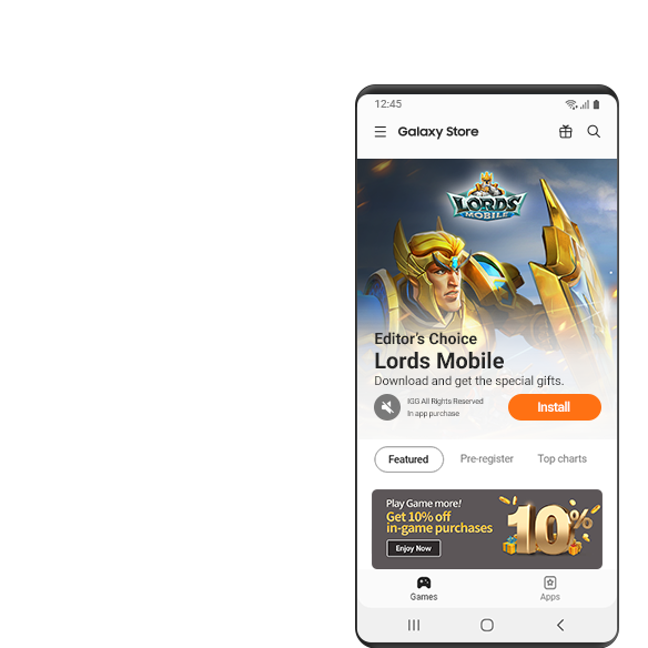 Twee smartphones met meerdere Galaxy Store-schermen. Eén scherm toont het MMORPG, Lords Mobile, installatiescherm van de pagina Galaxy Store Featured, de andere toont het spel, Cookie Run: Ovenbreak, vanaf het installatiescherm van de Galaxy Store.