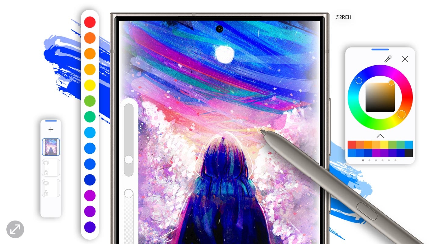Op een smartphonescherm wordt een digitaal kunstwerk met een vrouw getoond dat door 2REH wordt getekend. De S Pen past een breed scala aan kleuren toe, met kleuropties op het scherm van de smartphone.