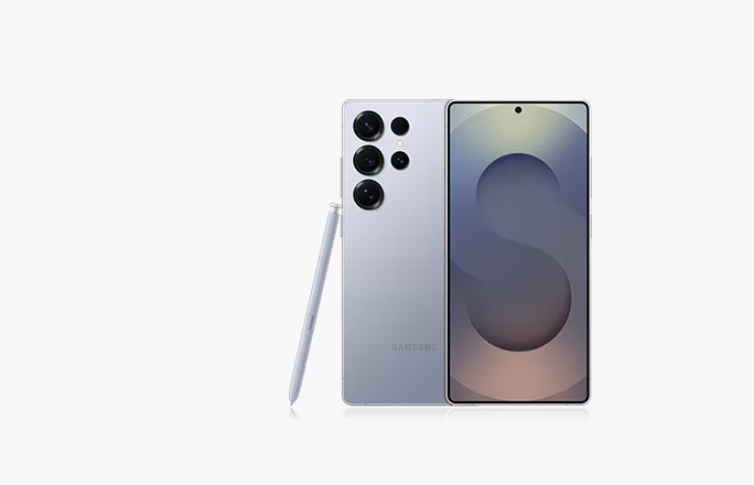 Achter- en vooraanzicht van een grijze Galaxy S25 Ultra-smartphone