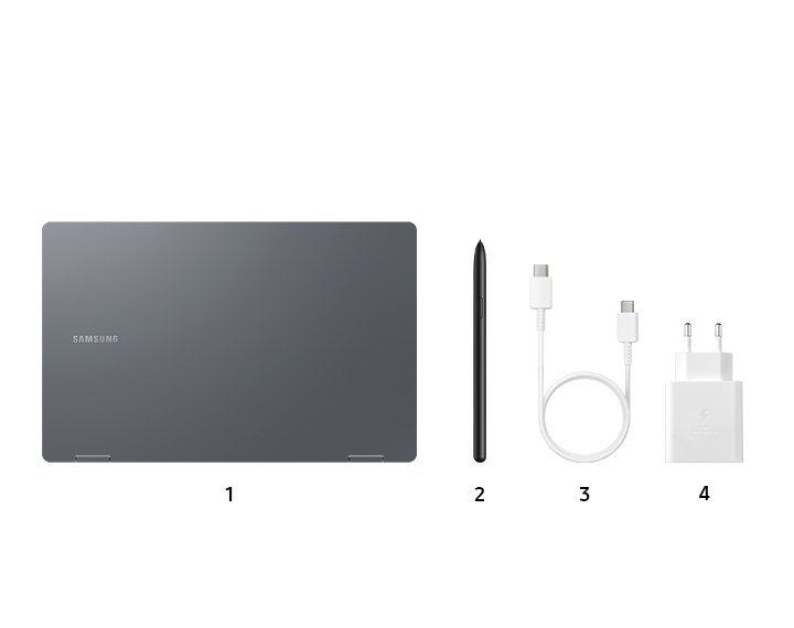 Een Galaxy Book4 Pro 360 in Moonstone Gray met een S Pen, een USB-C kabel en een power adapter