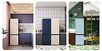 Samsung Bespoke-koelkasten staan in drie verschillende keukens. Crèmekleurige koelkast in een paarse keuken, Amerikaanse Bespoke-koelkast, blauw aan de linkerkant en wit aan de rechterkant, in een witte keuken. Lichtblauwe Bespoke-koelkast in een groene keuken.