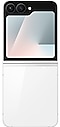 Galaxy Z Flip7 FE in White opengevouwen en gezien vanaf de achterzijde.