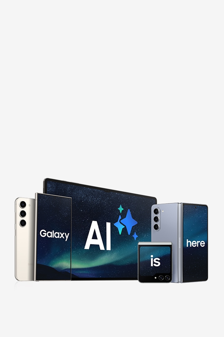 Verschillende Galaxy apparaten staan naast elkaar. Op de schermen loopt de tekst 'Galaxy AI is here' door.