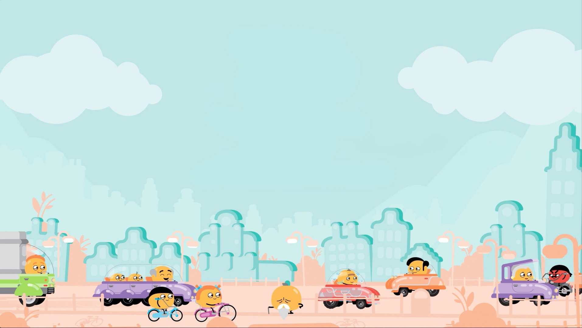 In-Traffic Reply cartoonwereld, in de stad. Emoticon vrolijk onderweg in zijn auto. Opa-emoticon loopt over straat. Kinder-emoticons fietsen langs. Andere emoticon van verschillende leeftijden rijden langs op motor, in auto’s en in een vrachtauto.