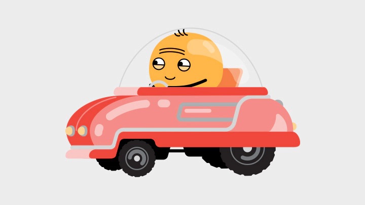 In-Traffic Reply emoticon vrolijk onderweg in zijn auto.