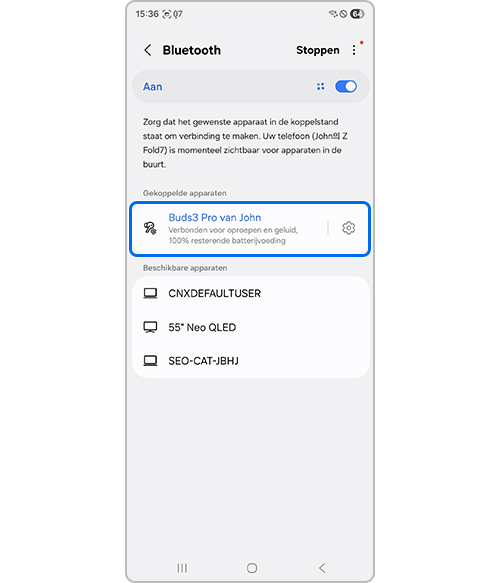 Verbonden Galaxy Buds via Bluetooth-lijst