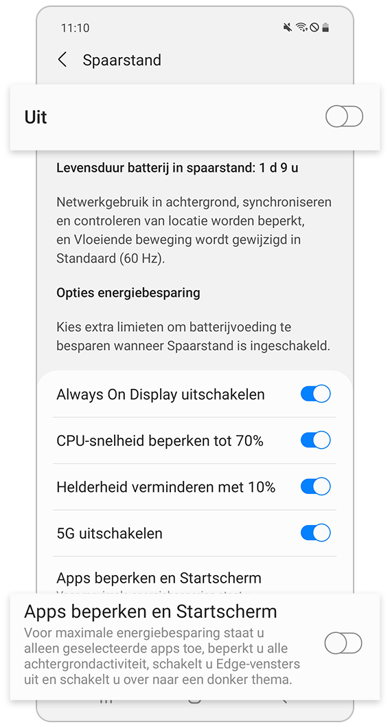 Spaarstand beperkt apps en startscherm