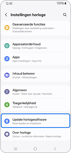 Instellingen van de Watch-scherm met de Watch-software-update gemarkeerd.