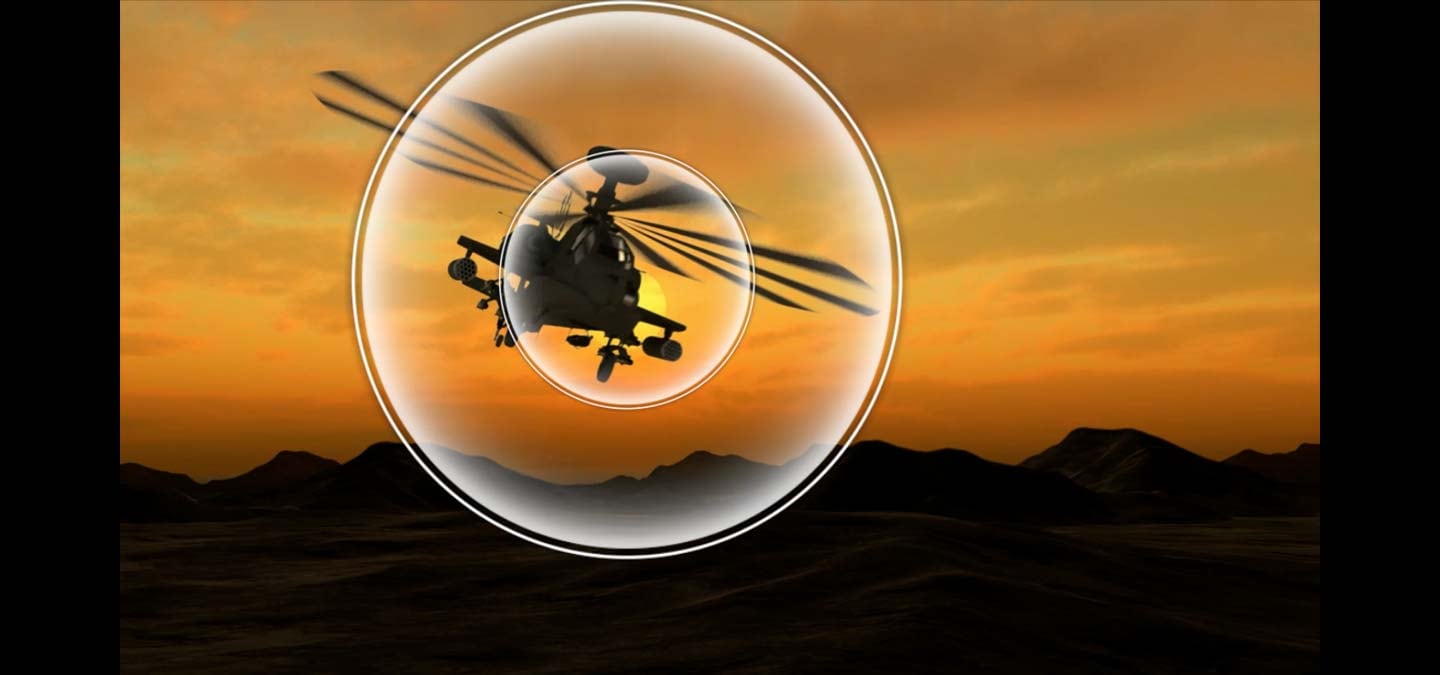 Fighter jets and a helicopter enter and exit a sunset scene. There are circular tracking graphics which simulate that their sound is following them as they move around the screen.