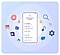 Un smartphone affiche l’écran Sélectionner les données à transférer. Autour du téléphone se trouvent plusieurs icônes d’application, indiquant le type de données qui peuvent être transférées via Smart Switch.