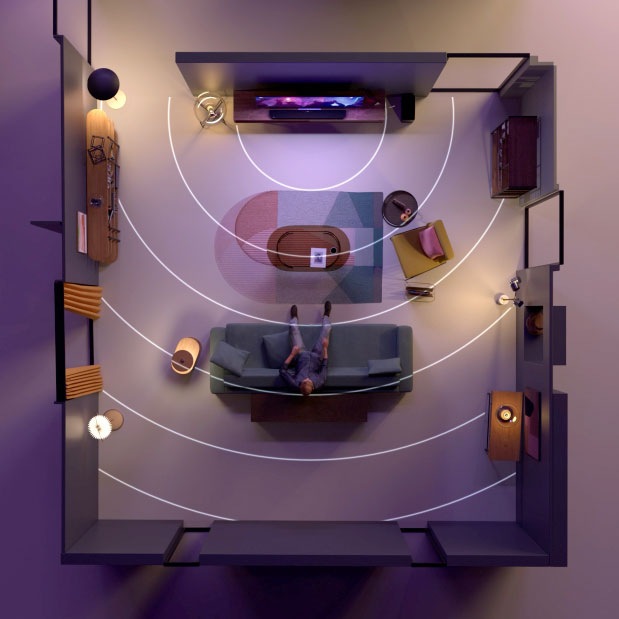 Vue en plongée d'un salon avec un homme regardant la télévision. Des ondes sonores sont projetées par la télévision.