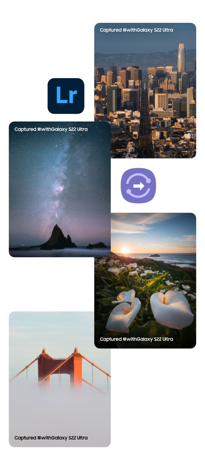 Un collage de paysages entourés d'icônes d'Adobe Lightroom et de l'application Samsung Quick Share. Capturé #withGalaxy S22 Ultra