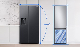 À l'intérieur d'une cuisine propre, un réfrigérateur-congélateur Samsung Bespoke en couleurs pêche et jaune est présenté, ainsi qu'un autre réfrigérateur-congélateur classique à côté. Les dimensions en hauteur et en largeur du réfrigérateur-congélateur Bespoke sont mesurées tandis que le réfrigérateur-congélateur classique est encastré dans des lignes et le compartiment congélateur inférieur ombré.