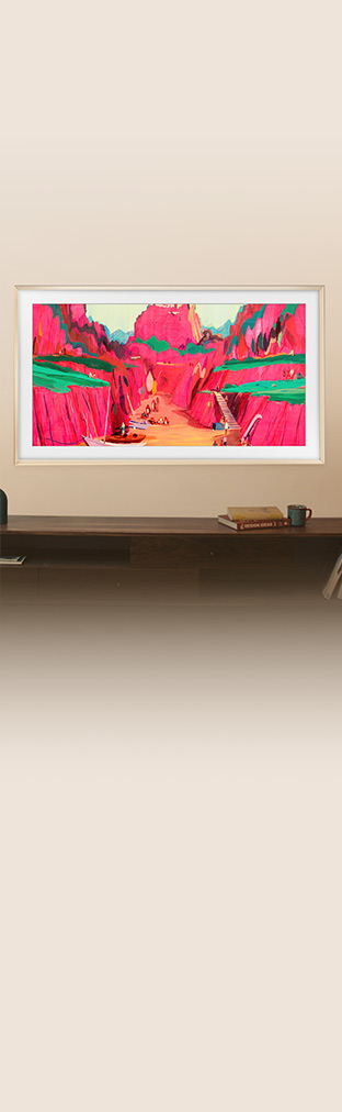 Dans un salon, la TV Samsung The Frame présente une œuvre d'art à l'écran.