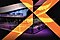Front entrance of Samsung KX building at King's Cross, London, superimposed with crisscrossed purple and orange linear designs.