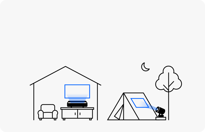 Un projecteur domestique affiche une image à l'intérieur d'une maison, tandis qu'un projecteur portable projette un écran sur le côté d'une tente à l'extérieur.