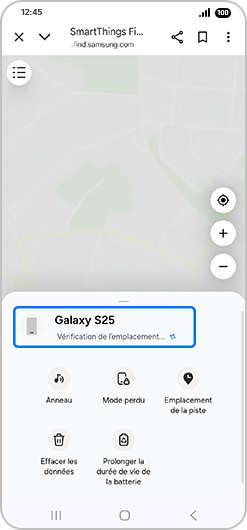 Menu “Appareils” avec “Galaxy S25” en surbrillance.