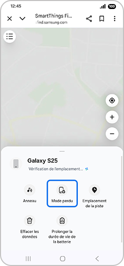 Écran “Galaxy S25” avec “Mode perdu” en surbrillance.