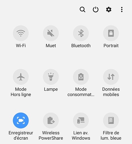 Image d’un panneau rapide affichant le menu de sélection de la fonction enregistreur d’écran